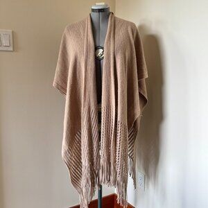 Ardene Beige Knit Shawl Wrap Fringe Open Poncho Cozy Layering